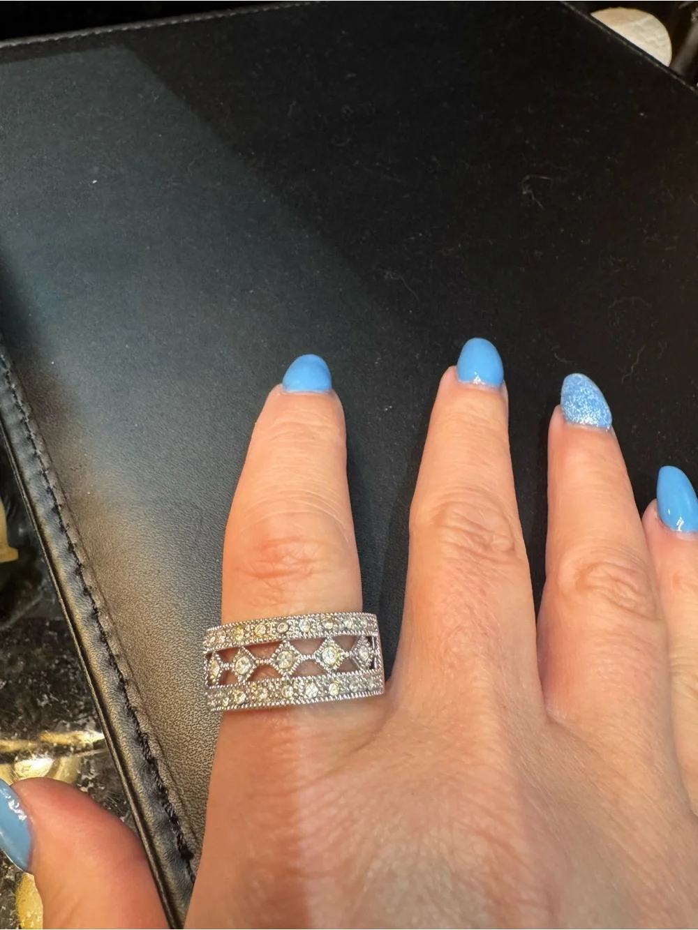 Premier Designs Silver Openwork Pavé Band Ring with Blue Accents
